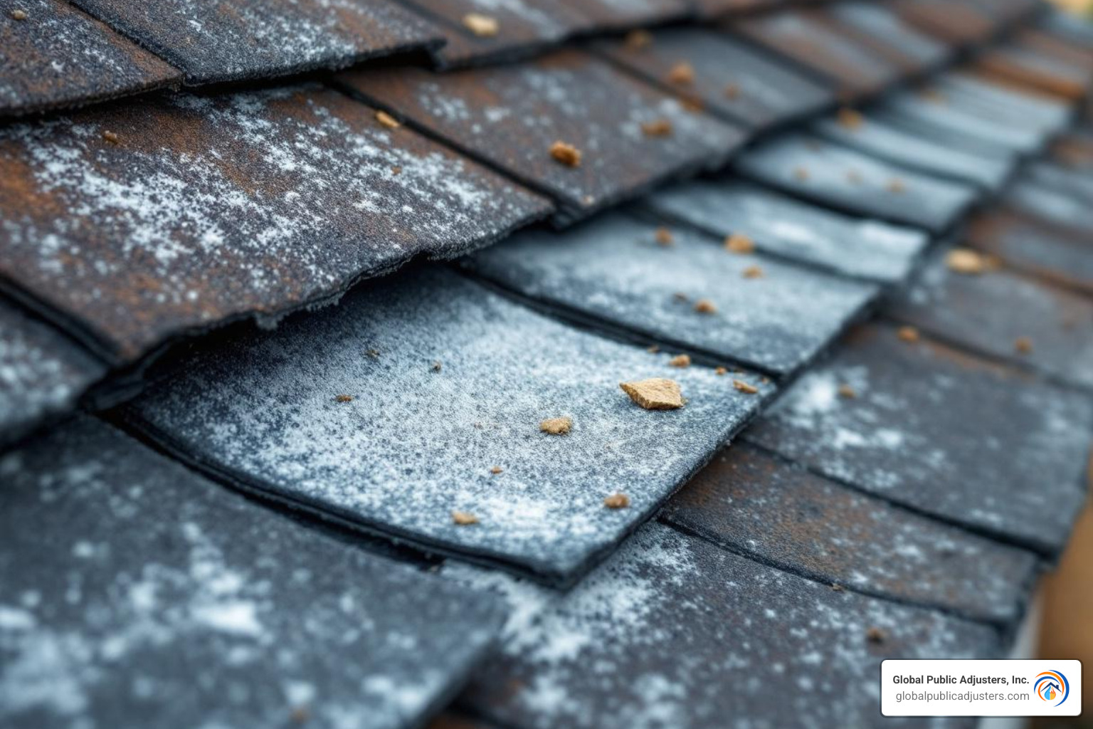 close up of lifted and missing roof shingles - wind damage public adjuster