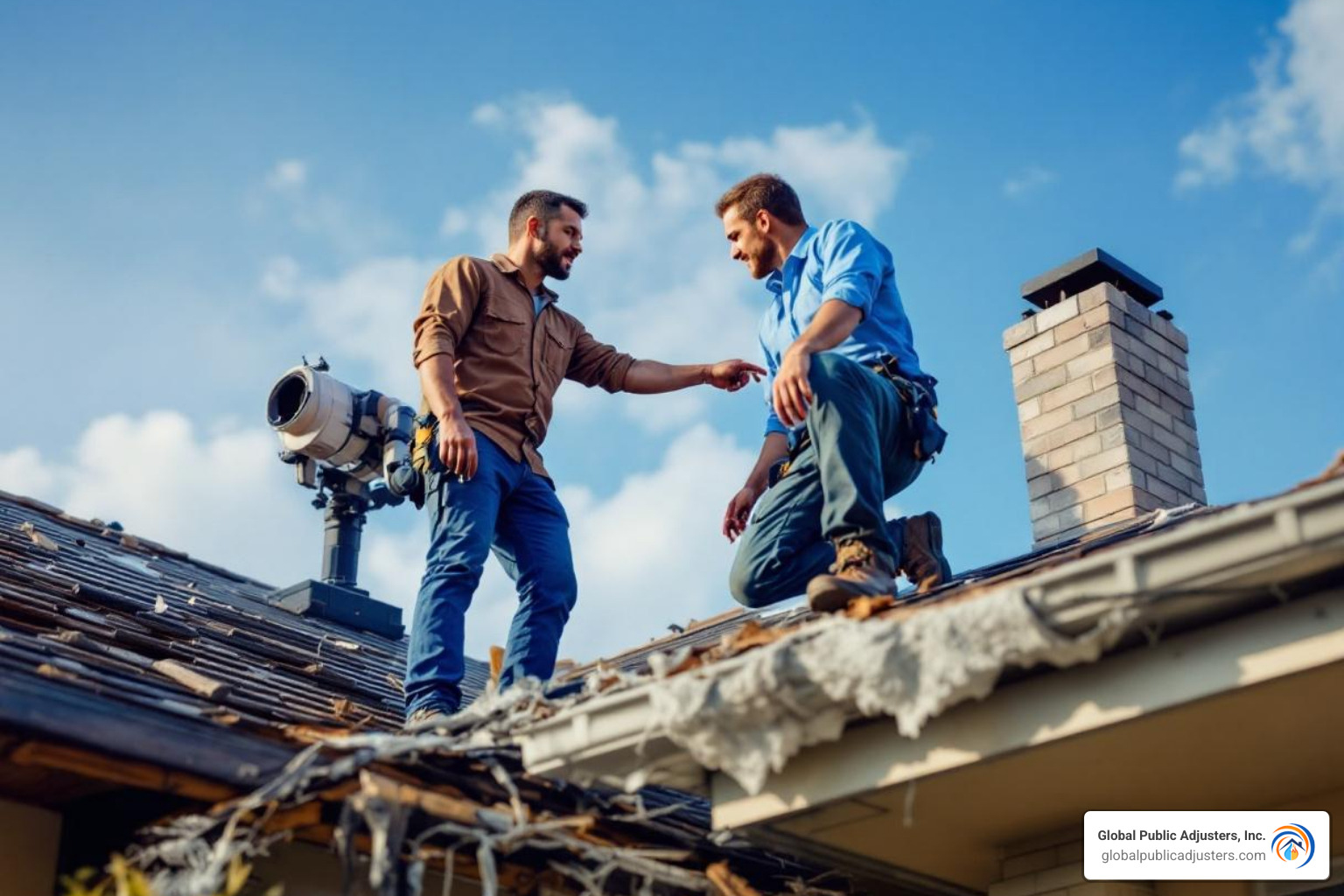 public adjuster on a roof, pointing out damage to a homeowner - wind damage public adjuster