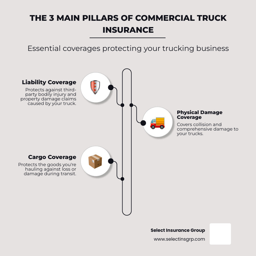 Infographic showing the three main pillars of commercial truck insurance: Liability Coverage (protects against third-party bodily injury and property damage claims), Physical Damage Coverage (covers collision and comprehensive damage to your trucks), and Cargo Coverage (protects the goods you're hauling during transit) - commercial truck insurance quotes infographic infographic-line-3-steps-elegant_beige