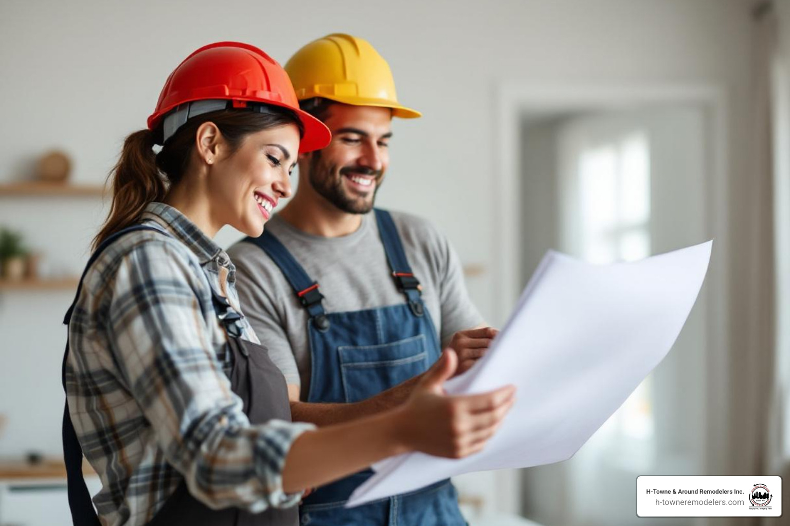 homeowner reviewing blueprints with a contractor - kitchen remodelers katy homeowner reviewing blueprints with a contractor - kitchen remodelers katy