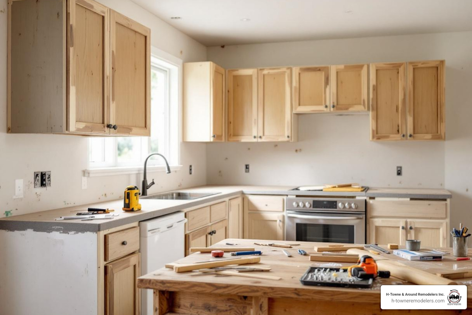 kitchen during the construction phase, showing new cabinets being installed - kitchen remodelers katy kitchen during the construction phase, showing new cabinets being installed - kitchen remodelers katy