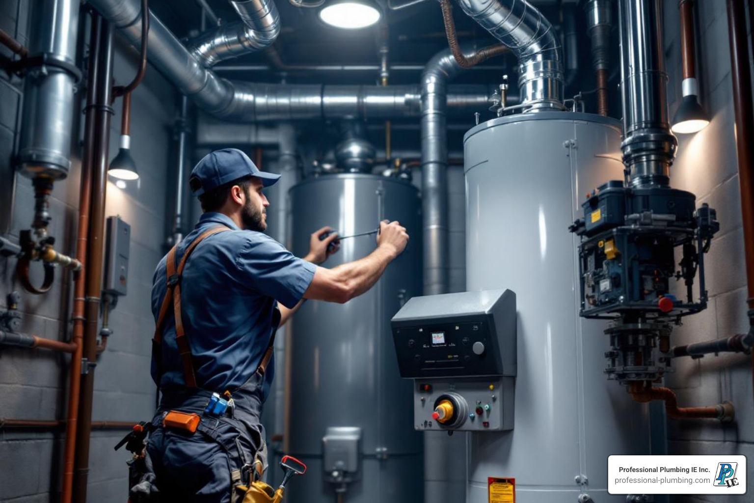 Commercial plumber working on a large water heater - commercial plumbing contractors riverside ca Commercial plumber working on a large water heater - commercial plumbing contractors riverside ca
