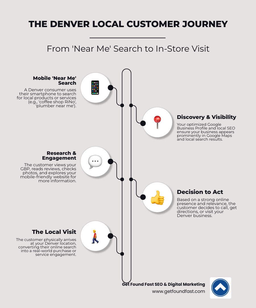 infographic showing the customer journey from a near me search on mobile to visiting a local Denver business - local business seo service in denver infographic infographic-line-5-steps-elegant_beige