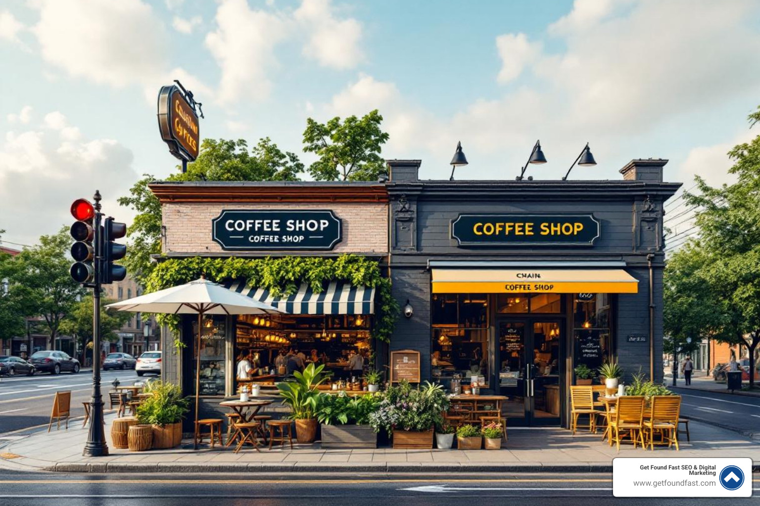 small local coffee shop thriving next to a large chain - local business seo service in denver