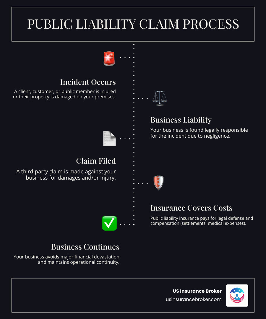 infographic showing the claim process: incident occurs involving third party, business is found liable for negligence, public liability insurance covers legal fees and compensation costs, business continues operating without financial devastation - public liability insurance cover infographic infographic-line-5-steps-dark infographic showing the claim process: incident occurs involving third party, business is found liable for negligence, public liability insurance covers legal fees and compensation costs, business continues operating without financial devastation - public liability insurance cover infographic infographic-line-5-steps-dark