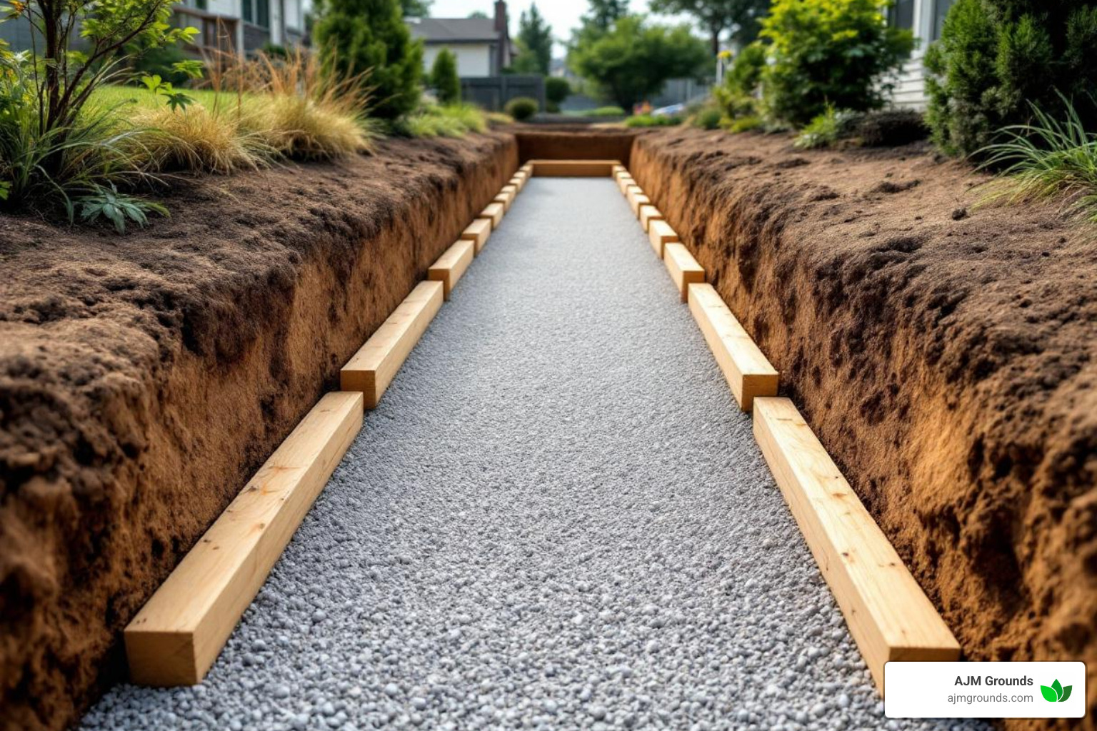 excavated trench with a level gravel base prepared - timber retaining wall