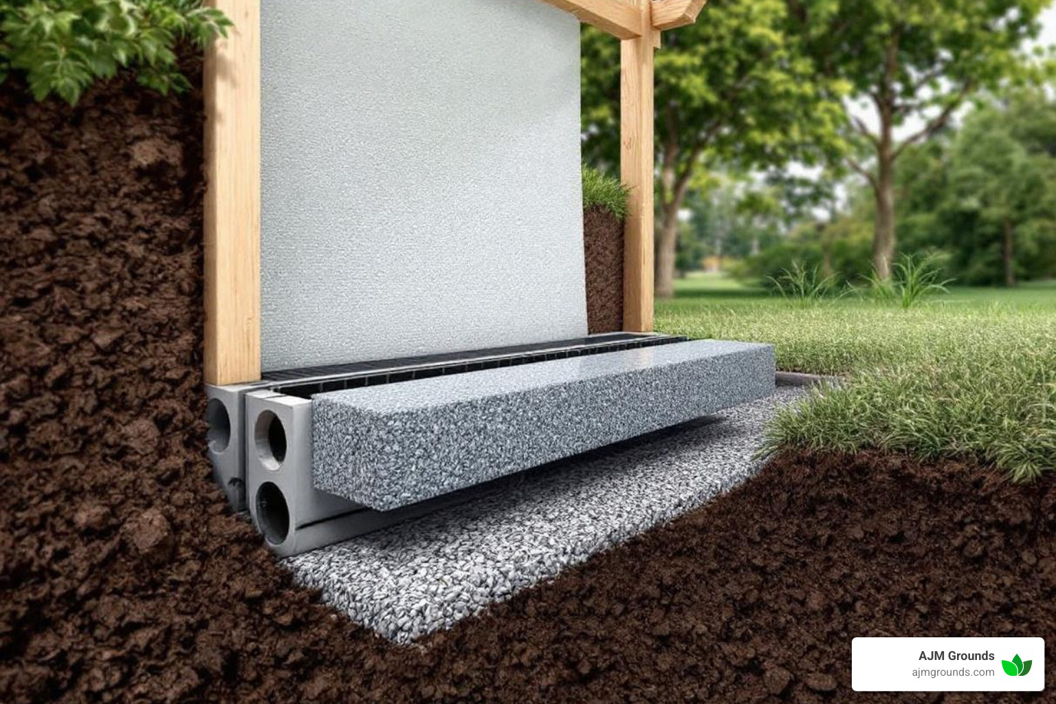 drainage system with perforated pipe, gravel, and filter fabric behind the wall - timber retaining wall