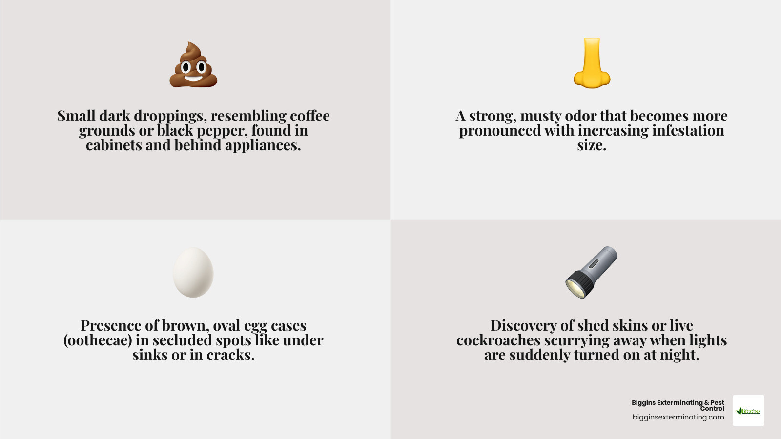 Infographic showing 4 common signs of cockroach infestation: 1) Small dark droppings resembling black pepper or coffee grounds in cabinets and behind appliances, 2) Strong musty odor that gets worse with larger infestations, 3) Brown oval egg cases (oothecae) in hidden areas like under sinks, 4) Shed skins and live cockroaches seen at night when lights are turned on suddenly - cockroach exterminator Woburn MA infographic 4_facts_emoji_grey
