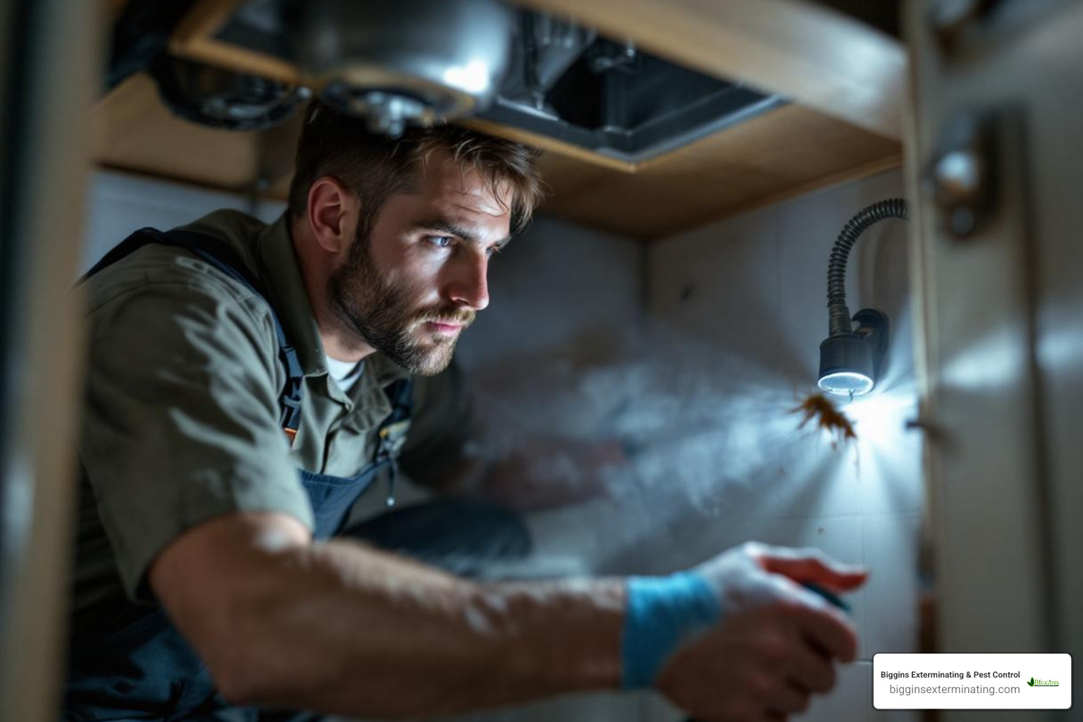 A professional technician in a non-branded uniform inspecting underneath a kitchen sink with a flashlight. - cockroach exterminator Woburn MA