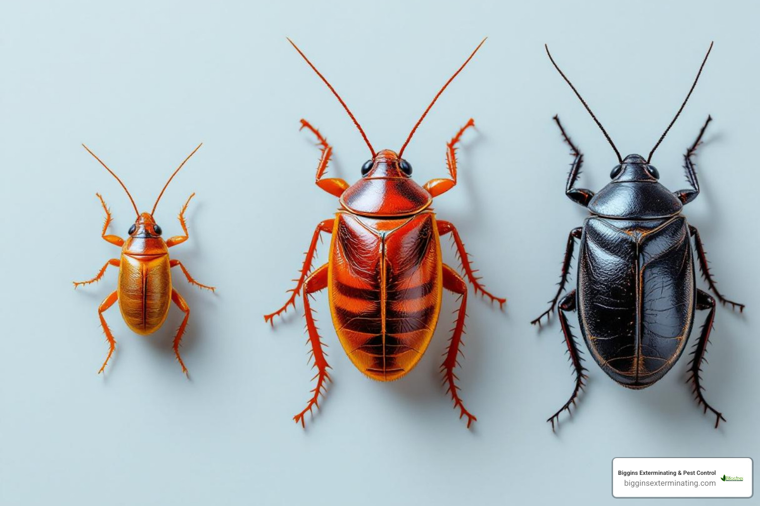 Three common cockroach species in Woburn: German (small, light brown), American (larger, reddish-brown), Oriental (dark, almost black) with size and color labels. - cockroach exterminator Woburn MA
