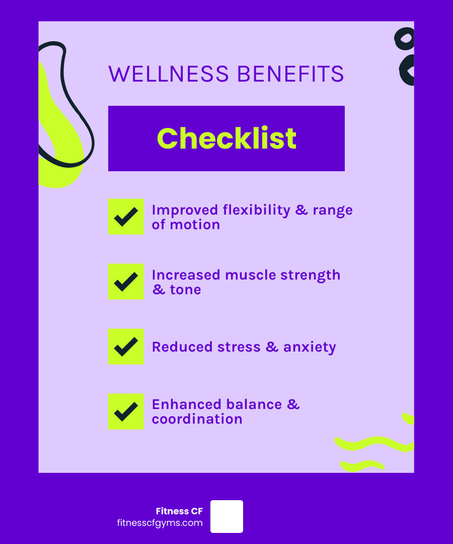 Infographic showing the benefits of regular yoga and fitness practice: improved flexibility and range of motion, increased muscle strength and tone, better cardiovascular health and endurance, reduced stress and anxiety through mindfulness, enhanced balance and coordination, improved sleep quality, stronger bones and joints, increased energy levels throughout the day, better posture and body awareness, and support for mental clarity and focus - mt dora yoga infographic checklist-fun-neon