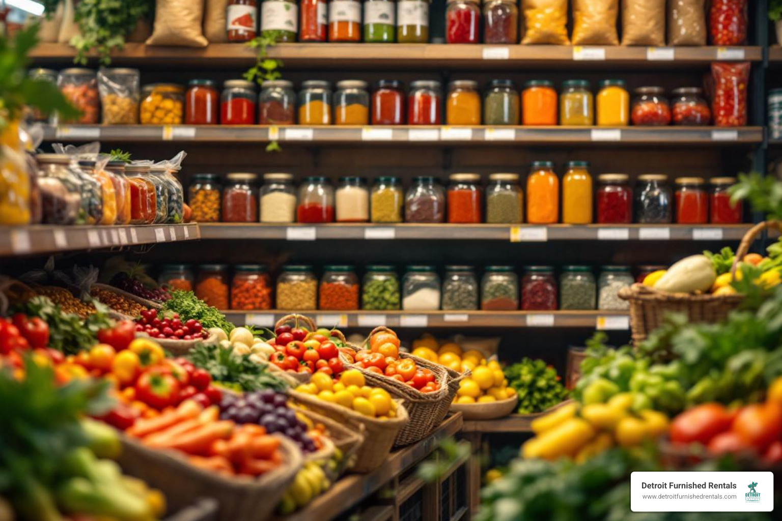 A vibrant aisle filled with international spices and produce - Detroit area grocery stores