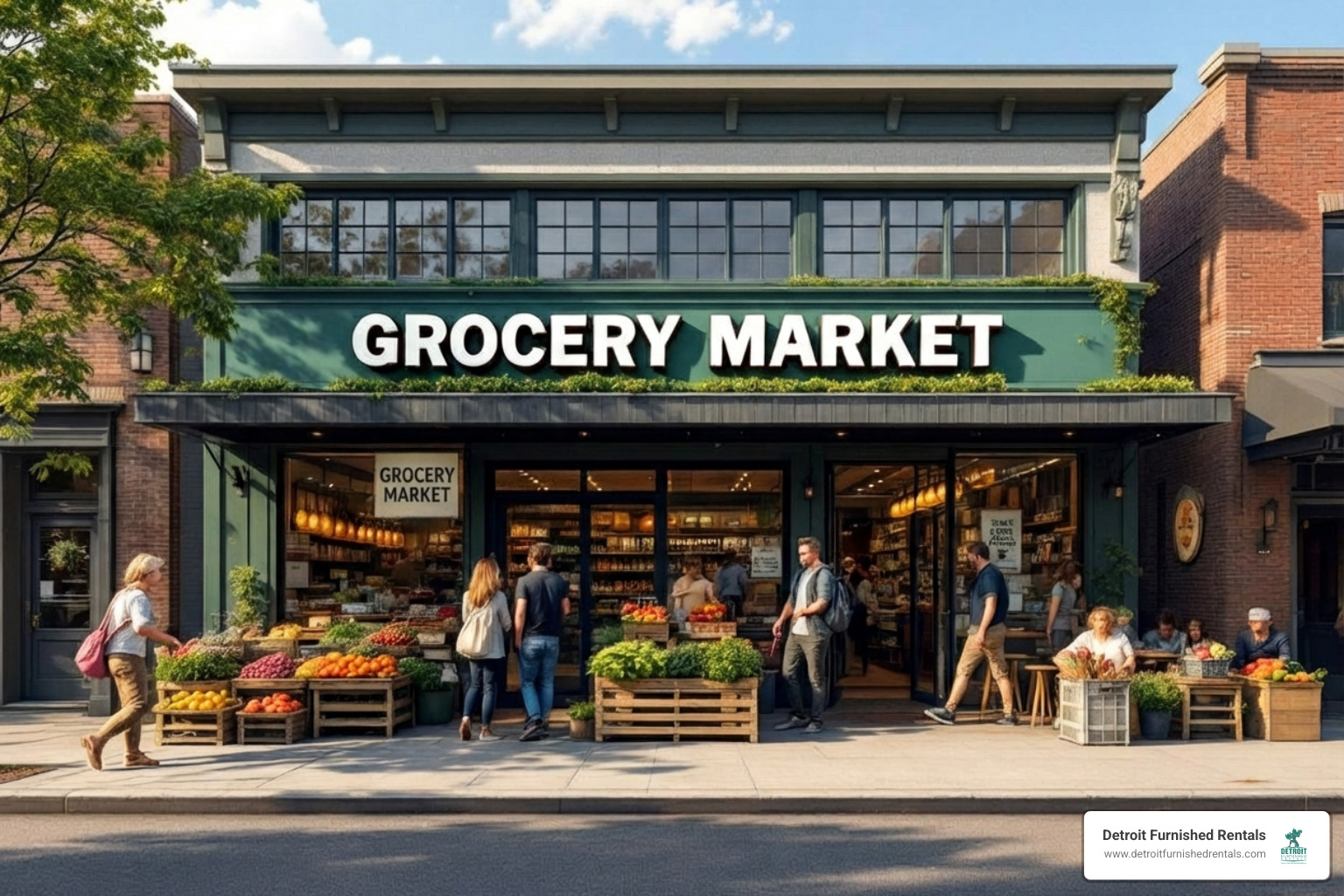 Exterior of a bustling neighborhood market - Detroit area grocery stores
