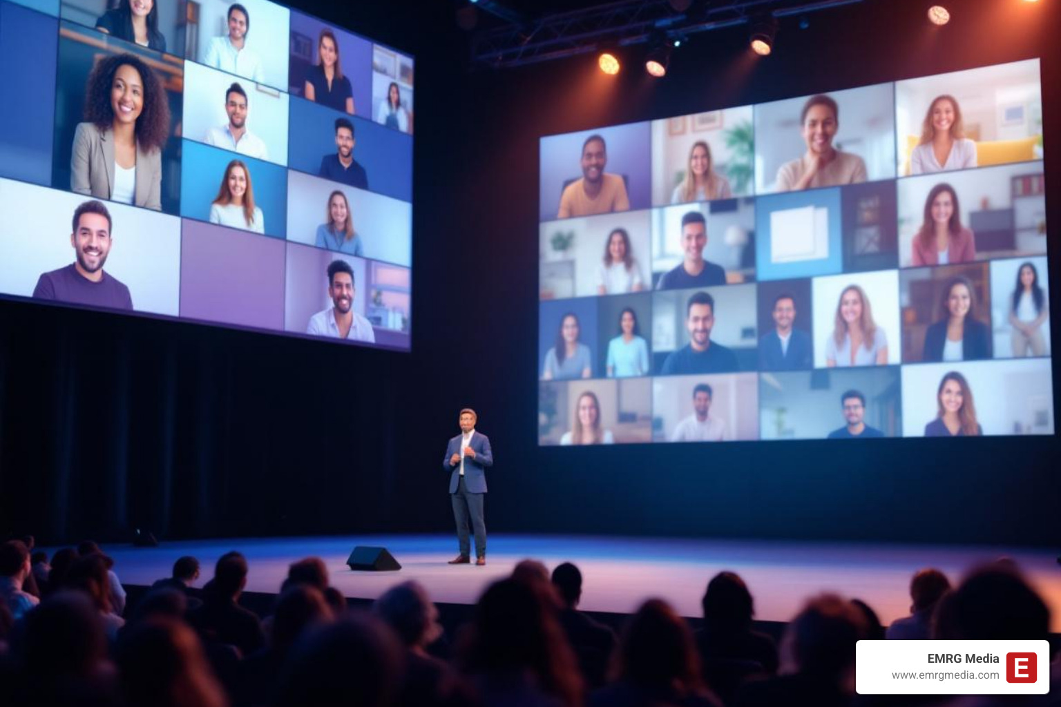 A hybrid event setup featuring a speaker on stage addressing a live audience, with a large screen displaying virtual attendees participating remotely - event services and productions