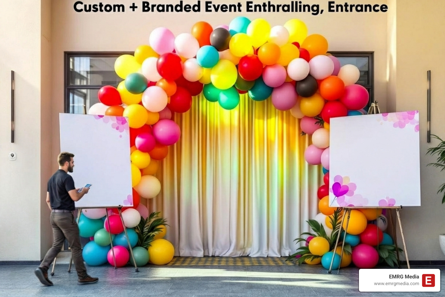 A custom-branded event entrance with unique decor featuring a vibrant balloon arch and personalized signage - event services and productions
