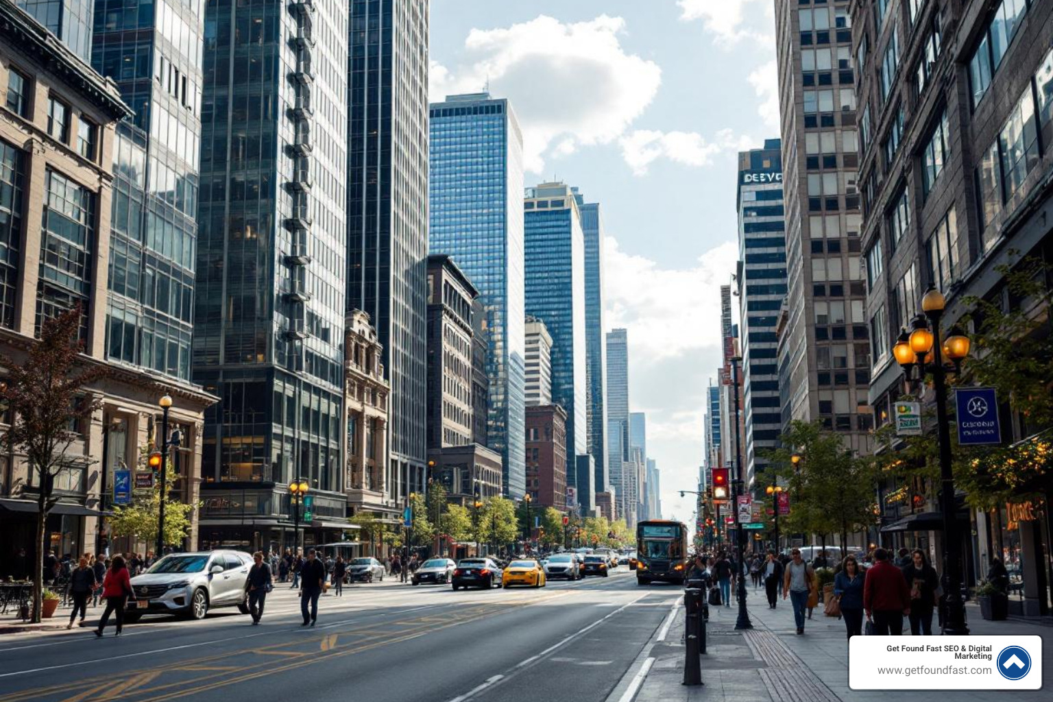 A busy Denver business district with modern buildings and people walking - seo services in denver