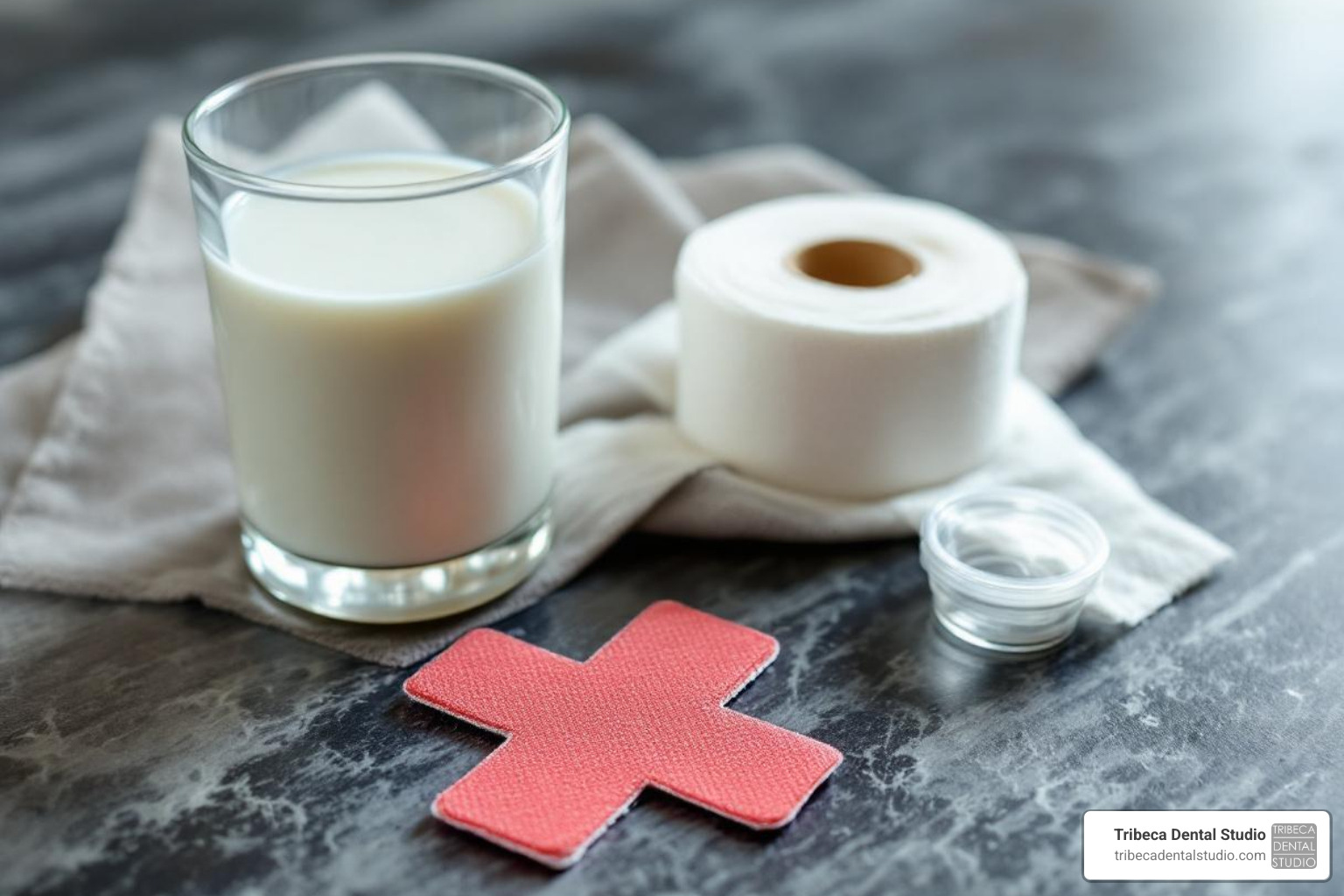 small first-aid setup including a glass of milk, gauze, and a small container - broken tooth emergency