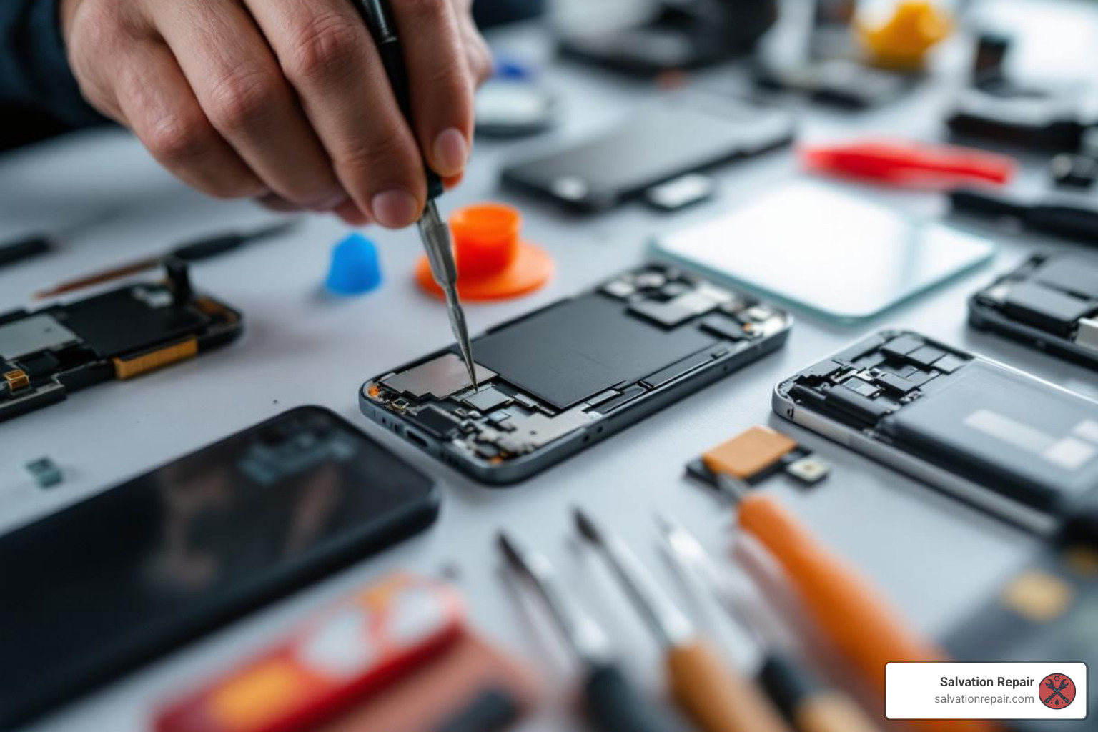technician's toolkit with various parts like screens and batteries - cell phone repair that comes to you laurel technician's toolkit with various parts like screens and batteries - cell phone repair that comes to you laurel