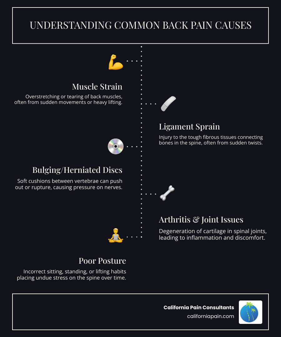 Infographic showing common causes of back pain including muscle strain (most common), ligament sprain, bulging or herniated discs, arthritis and joint degeneration, poor posture and ergonomics, excess weight putting pressure on spine, and stress causing muscle tension - easy way to relieve back pain infographic infographic-line-5-steps-dark