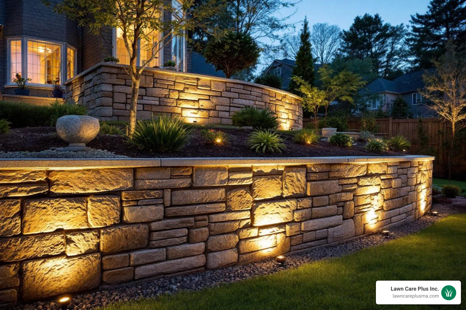 Finished retaining wall with capstones and integrated landscape lighting - Retaining wall construction