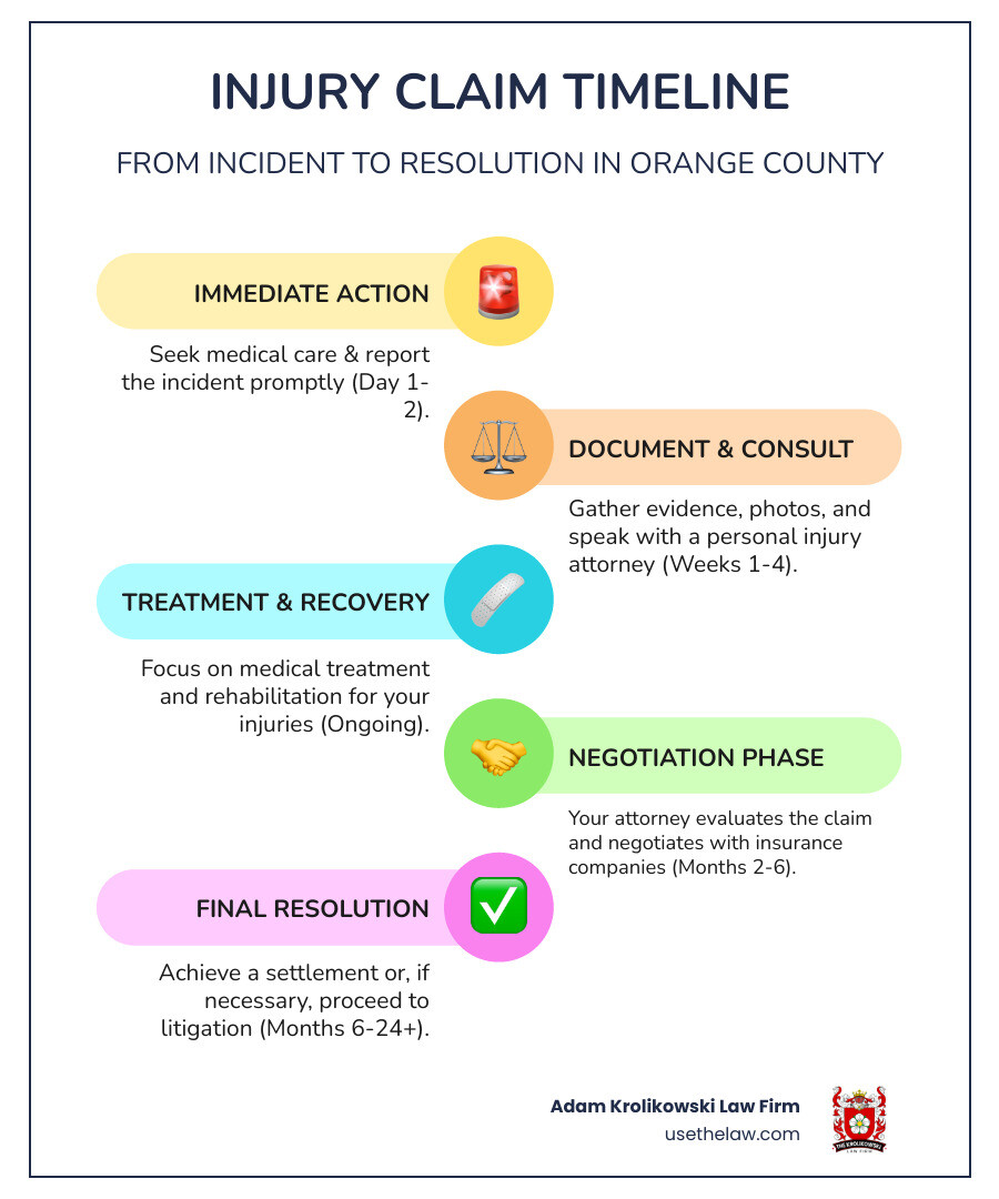 Infographic showing the injury compensation claim timeline: 1. Injury occurs and immediate medical treatment (Day 1), 2. Report incident to employer or property owner (Within 24-48 hours), 3. Gather evidence and document injuries (First 2 weeks), 4. File workers' comp claim or consult attorney (Within 30 days), 5. Medical treatment and recovery period (Ongoing), 6. Claim evaluation and negotiation (2-6 months), 7. Settlement or litigation decision (6-12 months), 8. Final settlement or trial verdict (12-24+ months) - compensation for injuries infographic infographic-line-5-steps-colors