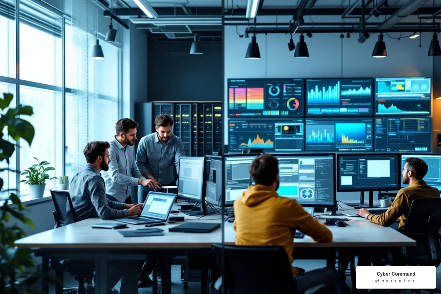 split screen showing an in-house IT team on one side and an MSP command center on the other - it managed services examples split screen showing an in-house IT team on one side and an MSP command center on the other - it managed services examples
