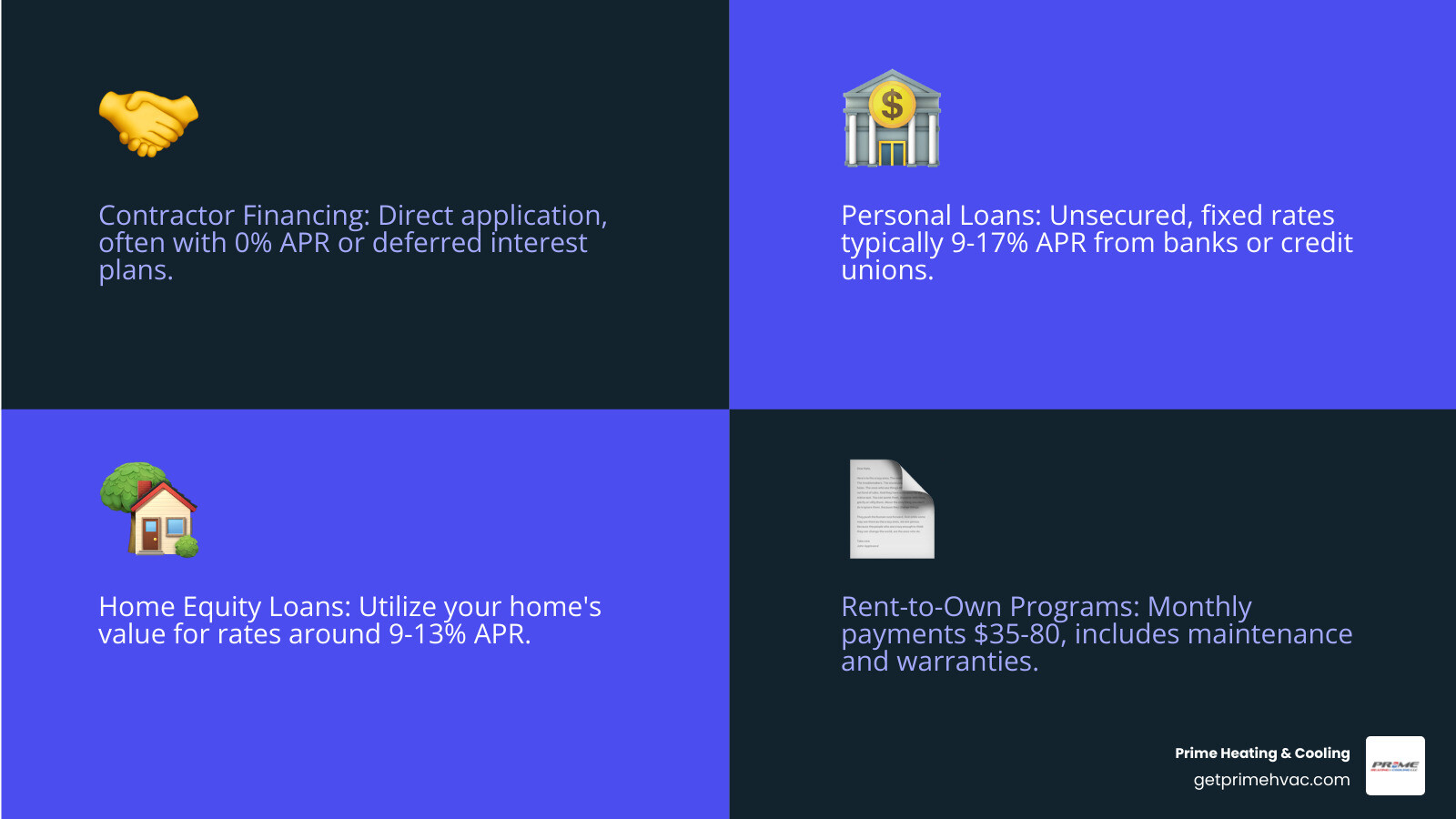 Infographic showing the breakdown of HVAC financing options: contractor financing with 0-18% APR and promotional offers, personal loans at 9-17% APR with fixed terms, home equity loans at 9-13% APR using home as collateral, and rent-to-own programs starting at $35-80 per month with included maintenance and warranties - ac companies that offer financing infographic 4_facts_emoji_blue