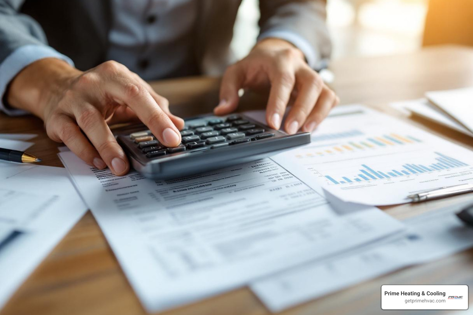 of a person comparing documents with a calculator - ac companies that offer financing