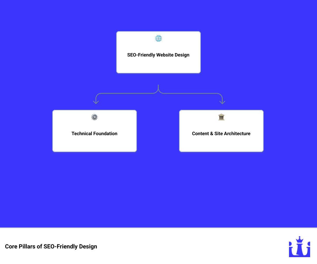 Infographic Showing The Three Pillars Of Seo Friendly Website Design: Technical Seo (Mobile-First, Fast Loading, Crawlable), Site Architecture (Clear Hierarchy, Smart Navigation, Internal Linking), And On-Page Seo (Quality Content, Metadata, Images, Schema Markup) - Seo Friendly Website Design Infographic Hierarchy