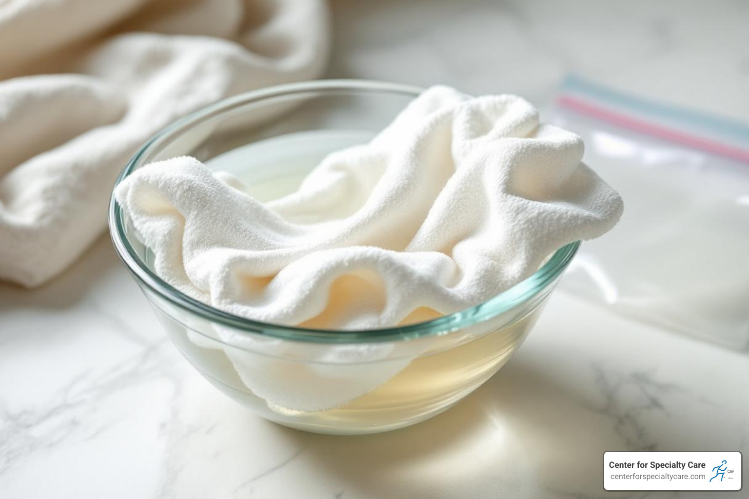 Image of a bowl of water, a washcloth, and a microwave-safe bag - how to make a warm compress