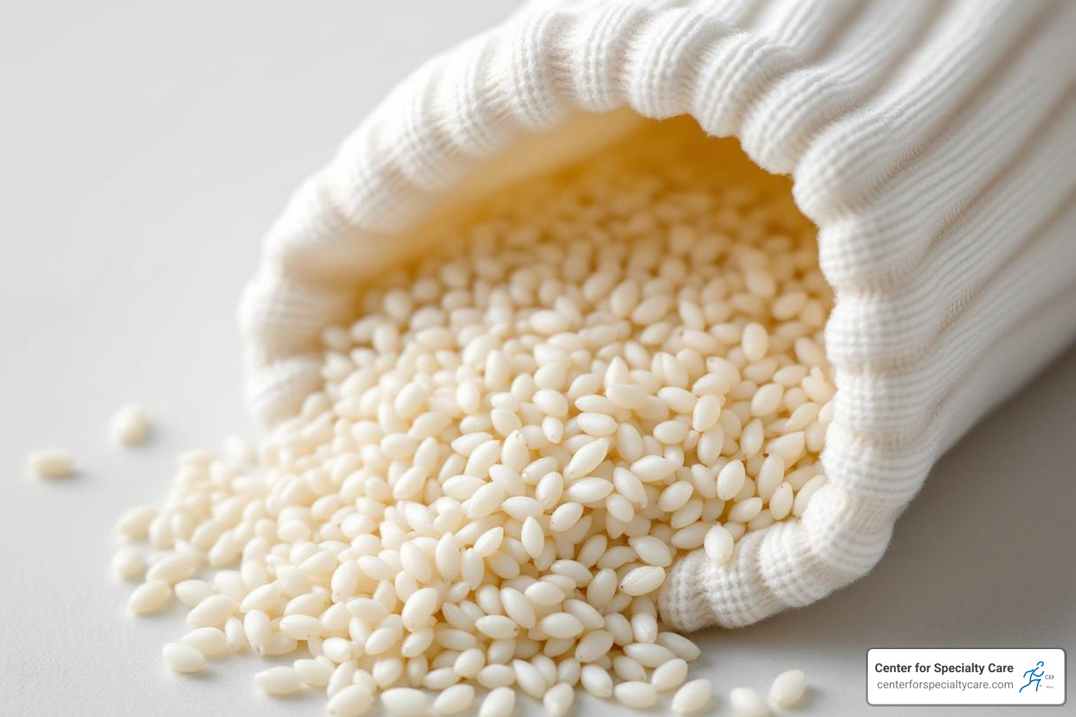 Image of a clean sock being filled with uncooked rice - how to make a warm compress