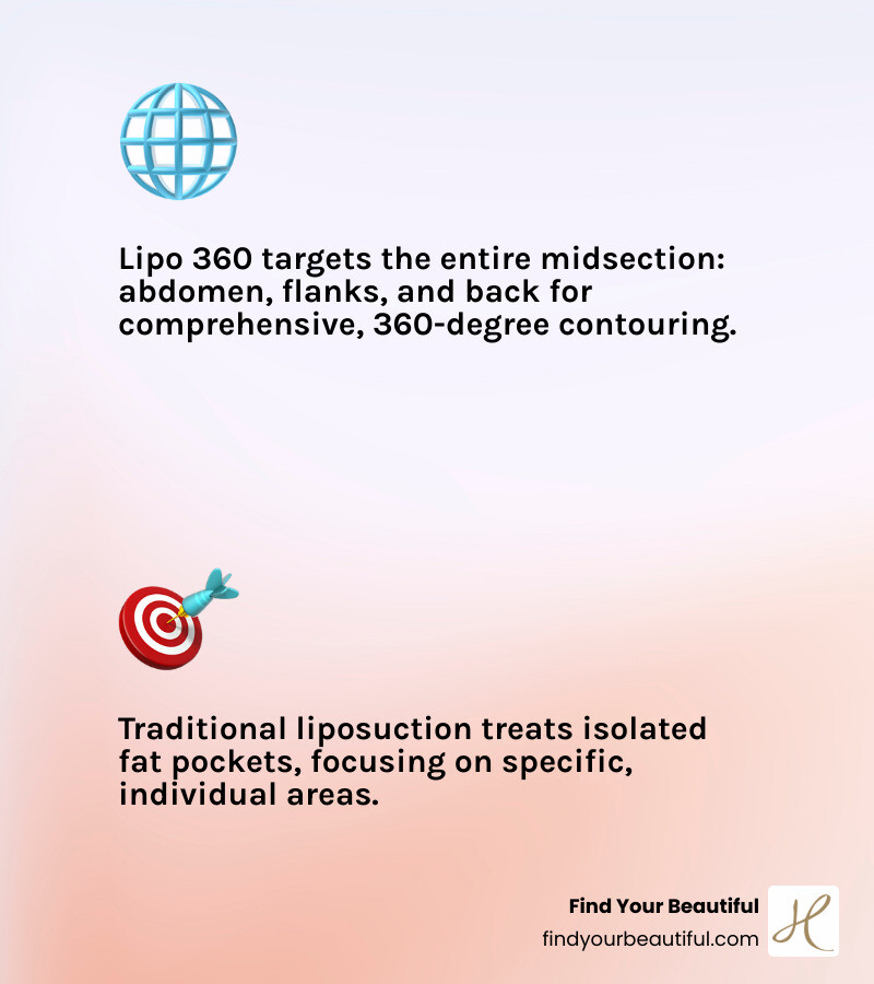 Infographic showing the 360-degree treatment area of Lipo 360 covering the abdomen, flanks, lower back, and mid-back in a circular pattern, compared to traditional liposuction which shows isolated treatment spots on the abdomen only - liposuction 360 san antonio infographic 2_facts_emoji_light-gradient