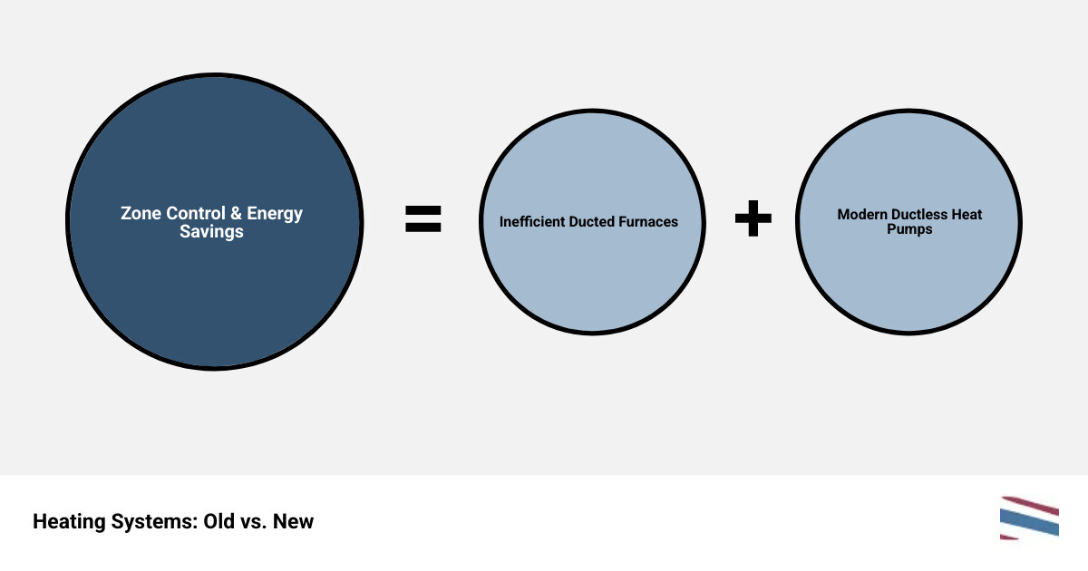 Infographic comparing traditional ducted heating system with multiple vents and hidden ductwork throughout a home versus a ductless mini-split system showing a single outdoor unit connected to wall-mounted indoor units in different rooms, highlighting energy efficiency, zone control, and simplified installation - ductless heating installation company in spanaway, wa infographic sum_of_parts