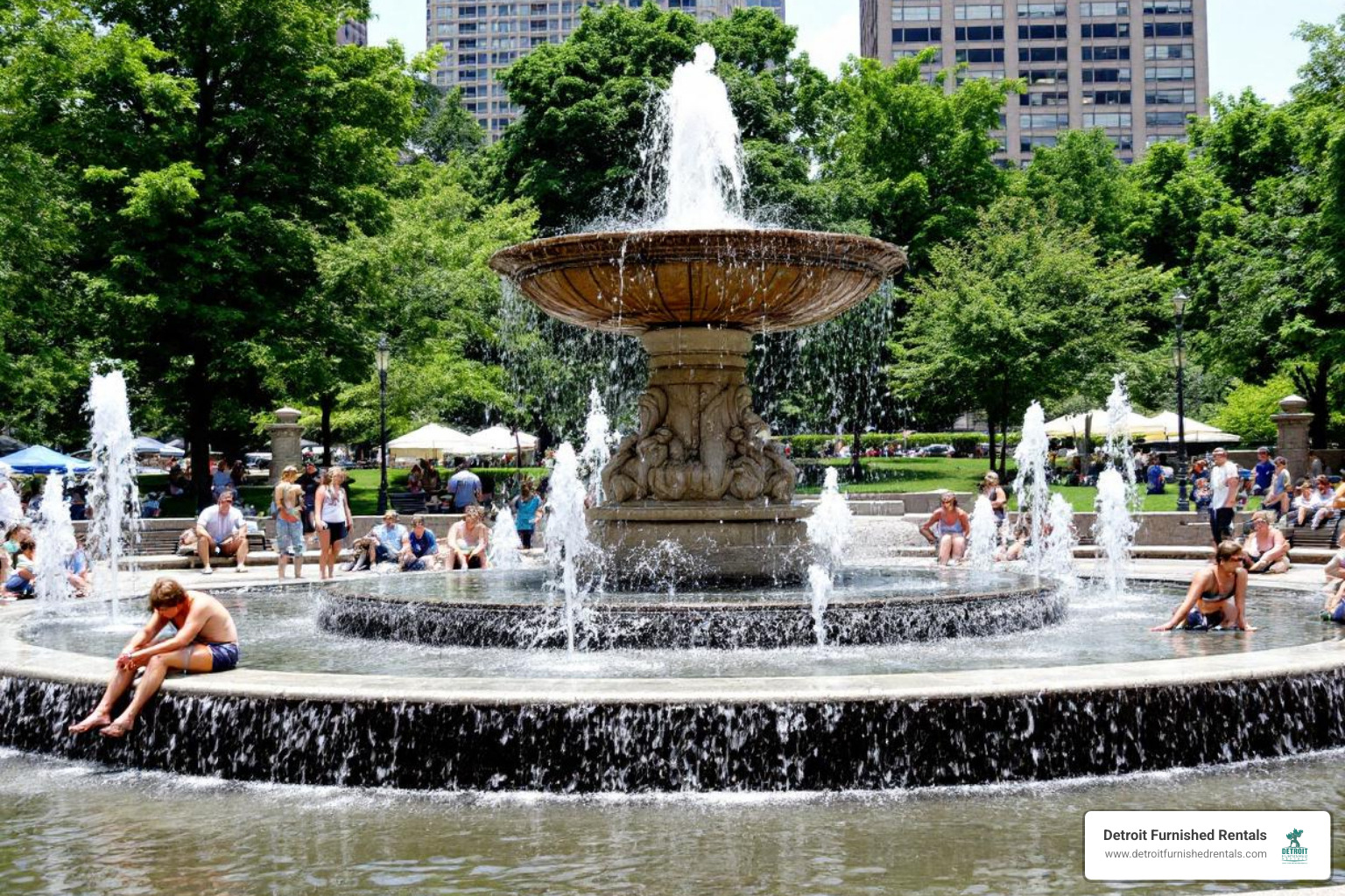Woodward Fountain in Campus Martius Park during summer - campus martius detroit