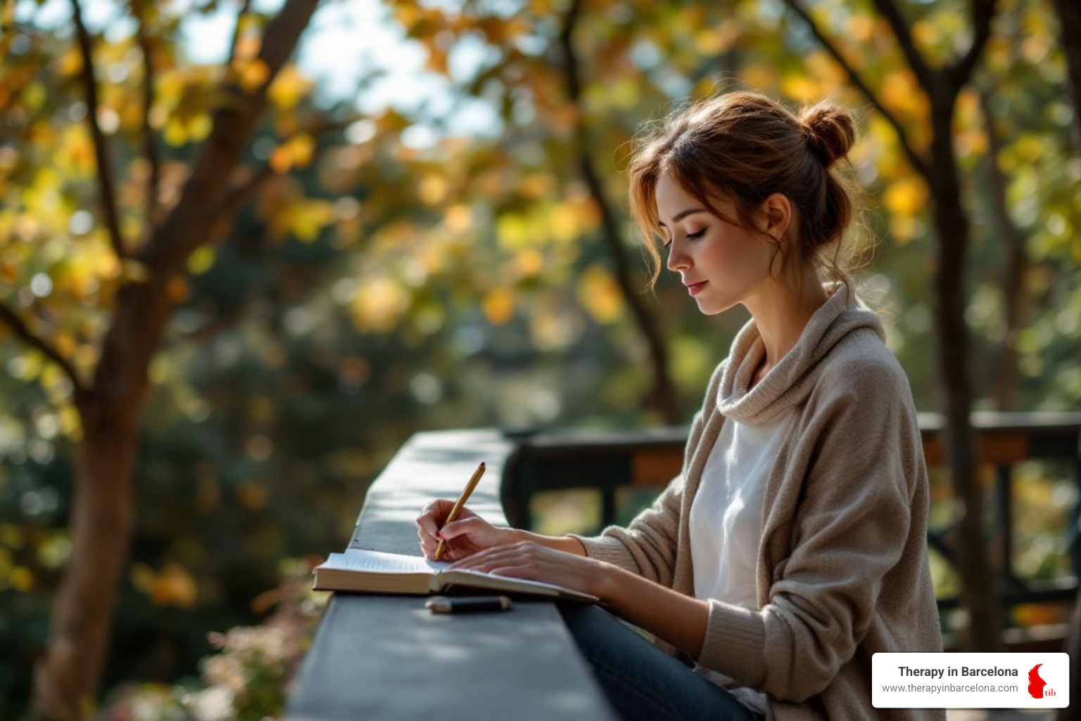 person journaling peacefully in a park or on a balcony - Coping with isolation
