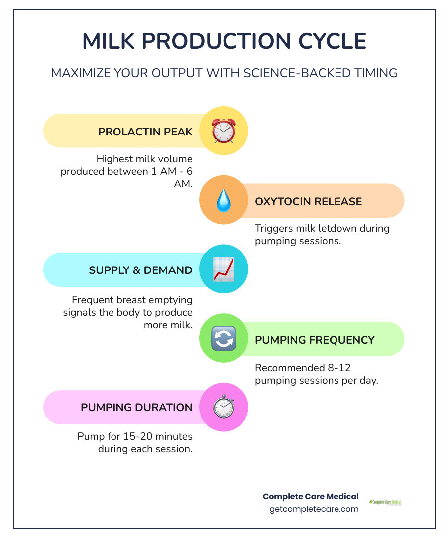 Infographic showing the milk production cycle: Prolactin hormone peaks between 1-6 AM creating highest milk volume, Oxytocin triggers milk letdown during pumping sessions, and Supply and Demand principle where frequent breast emptying signals body to produce more milk, with recommended 8-12 pumping sessions per day for 15-20 minutes each - The Best Times of Day to Pump for Maximum Milk Output (Backed by Science) infographic infographic-line-5-steps-colors Infographic showing the milk production cycle: Prolactin hormone peaks between 1-6 AM creating highest milk volume, Oxytocin triggers milk letdown during pumping sessions, and Supply and Demand principle where frequent breast emptying signals body to produce more milk, with recommended 8-12 pumping sessions per day for 15-20 minutes each - The Best Times of Day to Pump for Maximum Milk Output (Backed by Science) infographic infographic-line-5-steps-colors