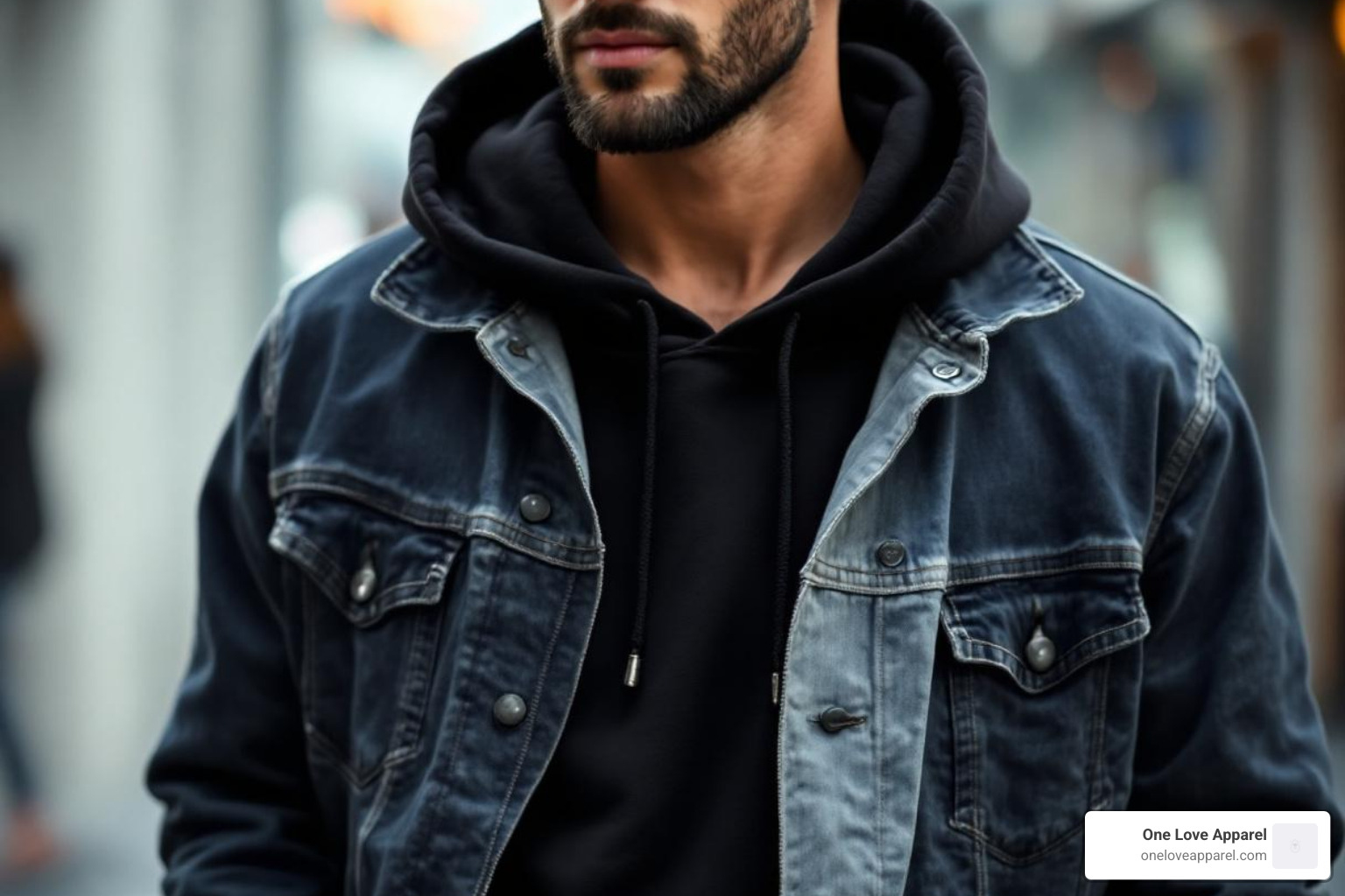 man layering a black hoodie under a denim jacket - men's everyday hoodie