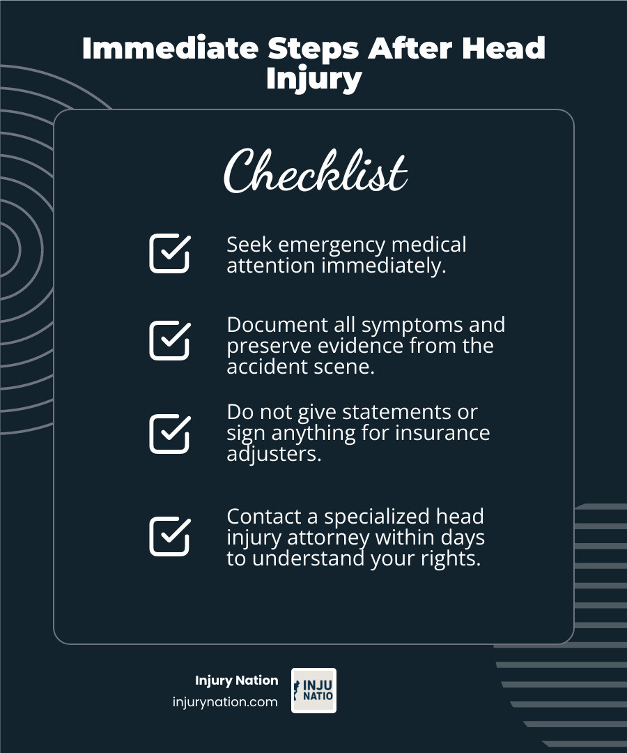 Infographic showing immediate steps after a head injury: 1. Seek emergency medical attention immediately 2. Document all symptoms and medical visits 3. Preserve evidence from the accident scene 4. Do not give statements to insurance adjusters 5. Contact a specialized head injury attorney within days 6. Understand your state's statute of limitations (typically 2-3 years) - head injury attorney infographic checklist-dark-blue