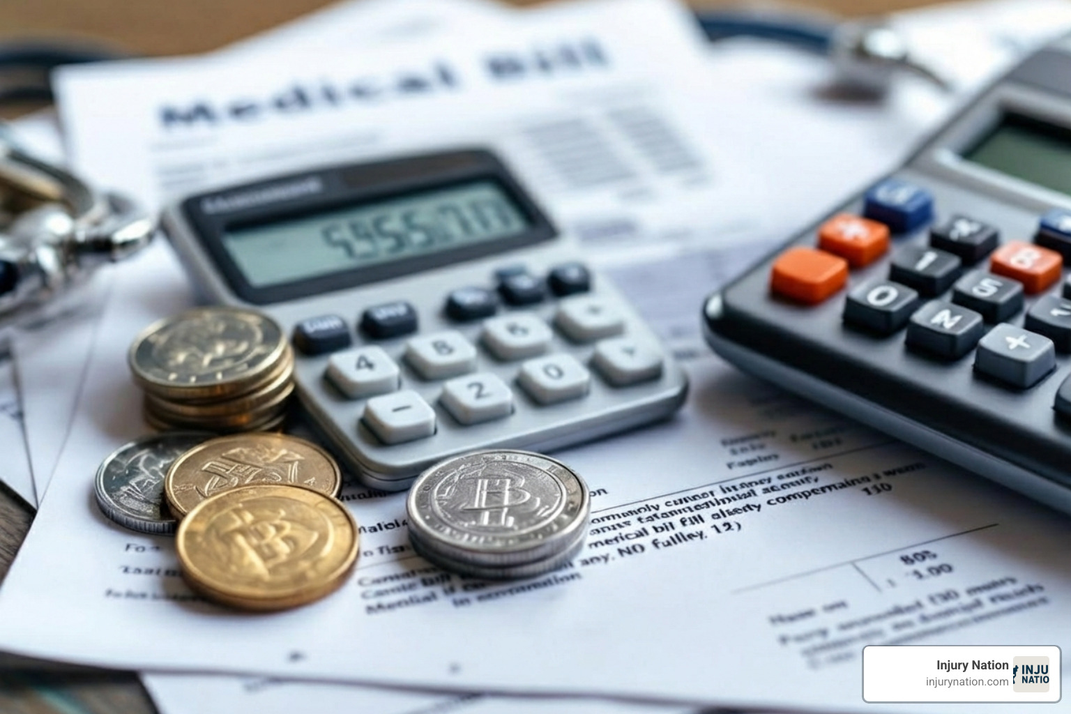 Calculator and medical bills representing financial compensation for head injuries - head injury attorney