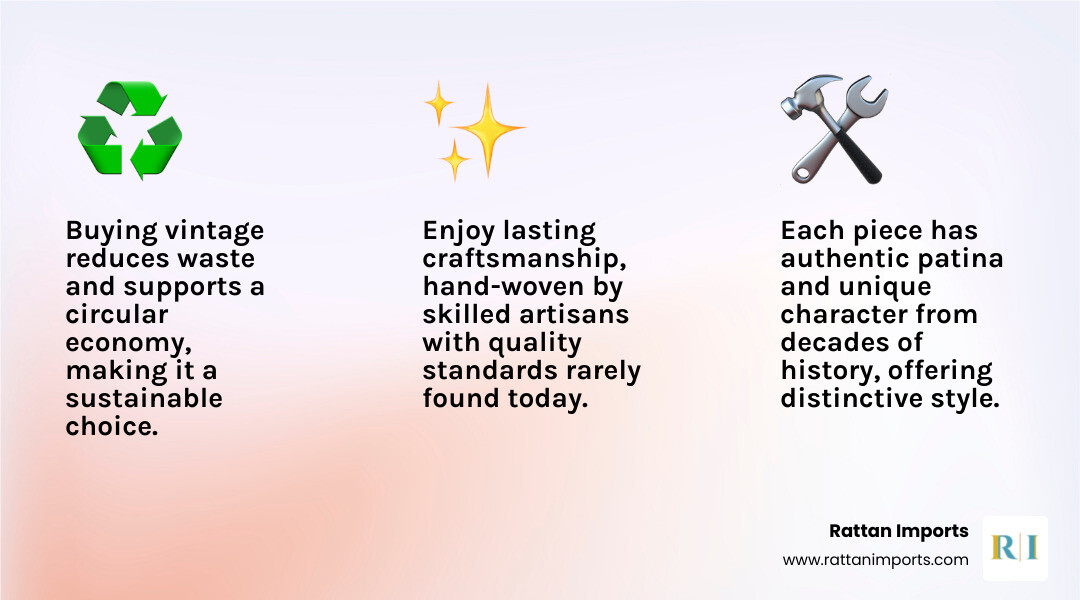 Infographic showing the top three benefits of vintage rattan dining chairs: 1) Sustainability - buying vintage reduces waste and supports circular economy, 2) Unique Style - each piece has authentic patina and character from decades of history, 3) Lasting Craftsmanship - hand-woven by skilled artisans using techniques and quality standards rarely found in modern production - vintage rattan dining chairs infographic 3_facts_emoji_light-gradient