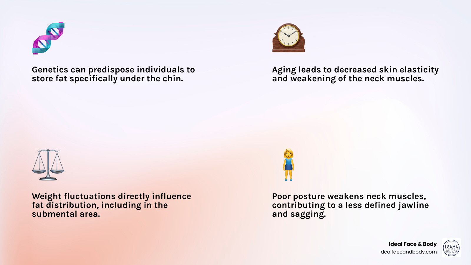 Infographic showing the four primary causes of a double chin: genetics (DNA helix icon with fat cells), aging (clock with sagging skin illustration), weight gain (scale with upward arrow and fat accumulation), and poor posture (side profile showing forward head position weakening neck muscles) - double chin removal infographic 4_facts_emoji_light-gradient Infographic showing the four primary causes of a double chin: genetics (DNA helix icon with fat cells), aging (clock with sagging skin illustration), weight gain (scale with upward arrow and fat accumulation), and poor posture (side profile showing forward head position weakening neck muscles) - double chin removal infographic 4_facts_emoji_light-gradient