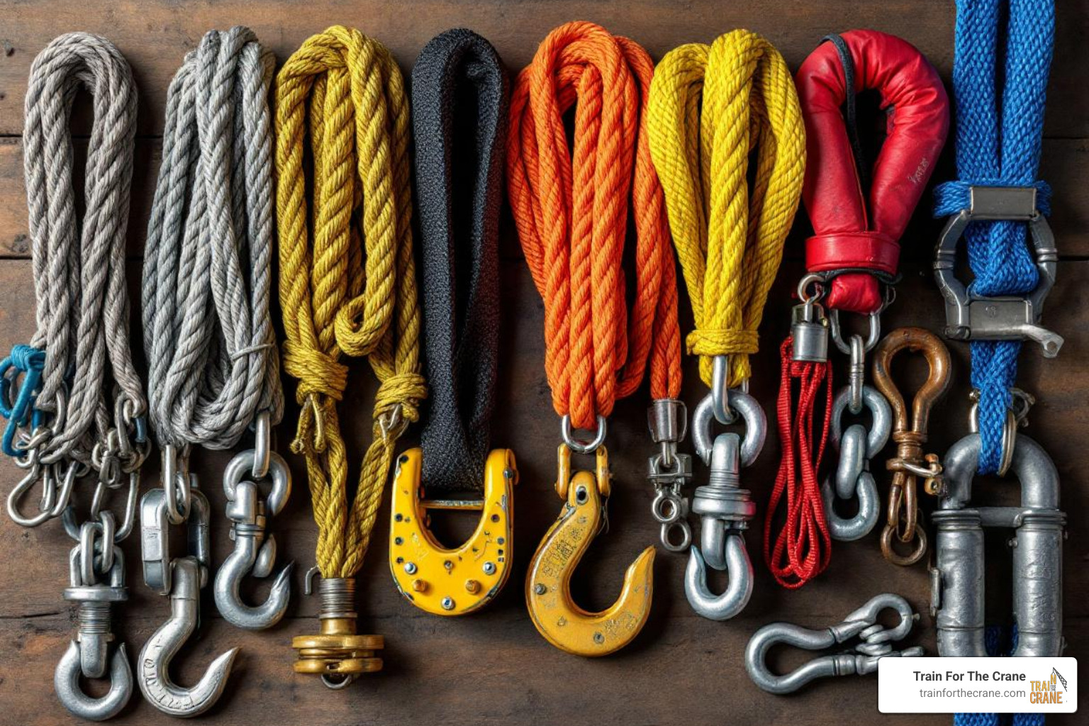 Various rigging hardware including slings, shackles, and hooks - nccco rigging certification