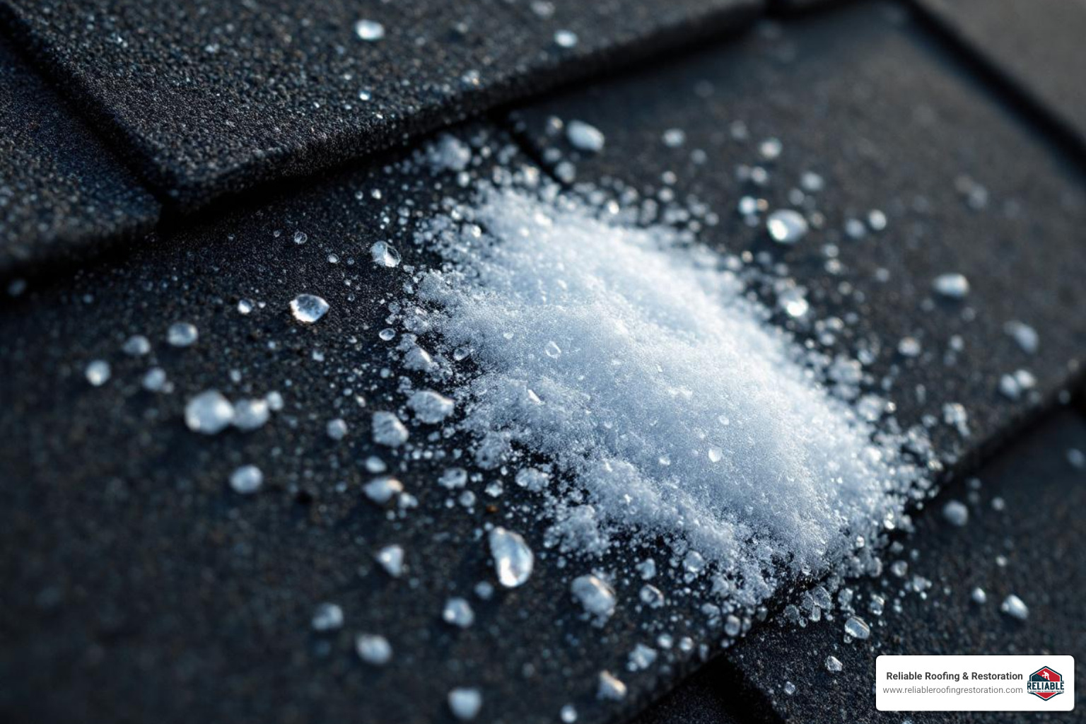 An image showing hail damage on an asphalt shingle with visible divots and granule loss. - fulshear roof repair
