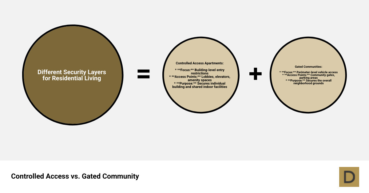 infographic showing the difference between controlled access apartments with building-level entry restrictions and gated communities with perimeter-level vehicle access, including examples of access points like lobby doors, elevator access, and amenity spaces versus community gates and parking areas - Controlled access apartments infographic sum_of_parts