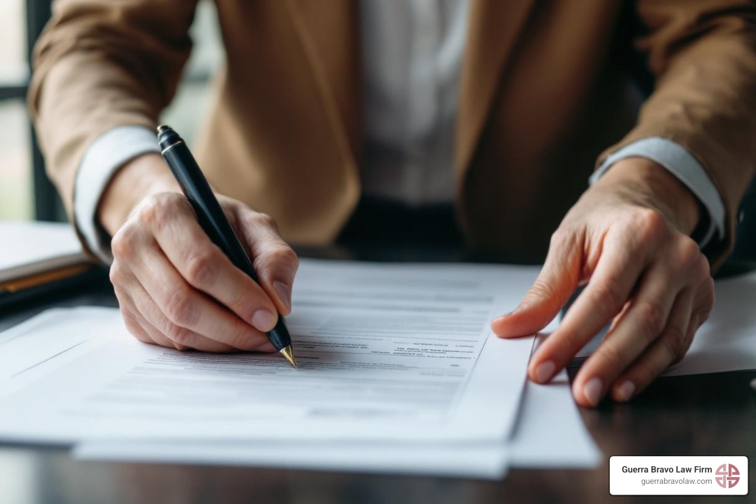 A person organizing various legal documents on a desk - form i-130