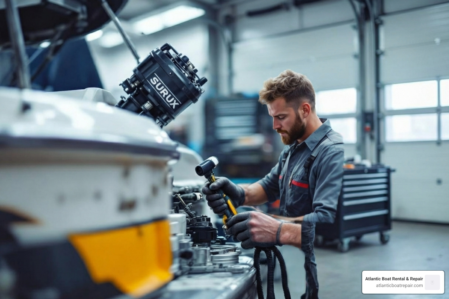 mechanic inspecting outboard motor - outboard repair Wareham
