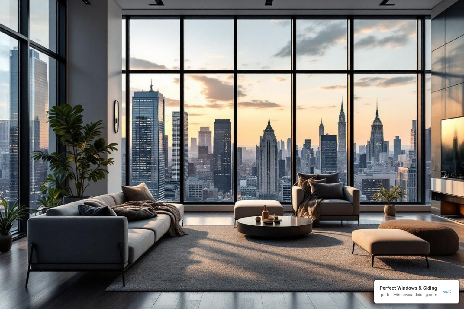 modern living room with large picture windows overlooking a city view - new windows Chicago