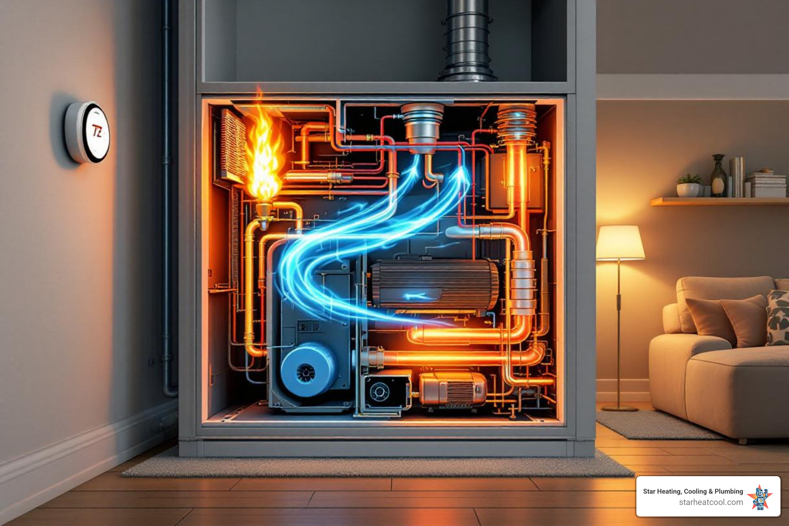 Infographic showing the furnace heating cycle: thermostat signals heat request, gas valve opens, ignition system lights burner, heat exchanger warms air, blower motor circulates warm air through ducts to home - "My furnace is blowing cold air. Who can I call for service in Meridian Hills, IN?" Infographic showing the furnace heating cycle: thermostat signals heat request, gas valve opens, ignition system lights burner, heat exchanger warms air, blower motor circulates warm air through ducts to home - "My furnace is blowing cold air. Who can I call for service in Meridian Hills, IN?"