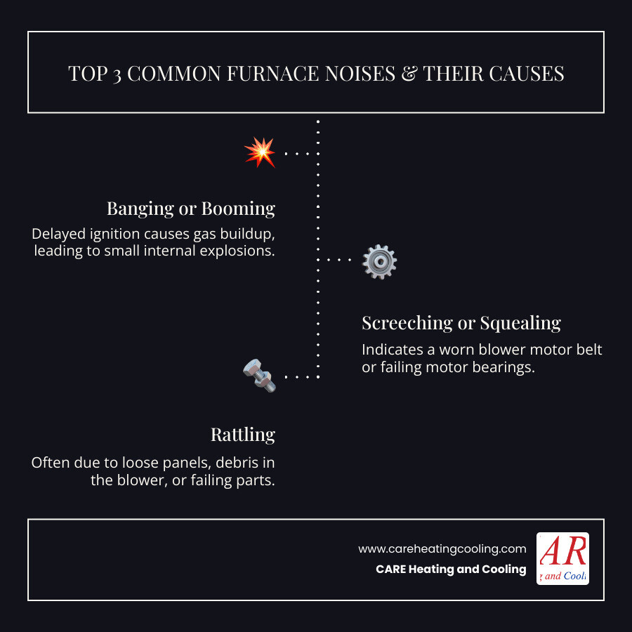 infographic showing three common furnace noises: banging or booming caused by delayed ignition, screeching or squealing from worn blower motor belt, and rattling from loose panels or debris in blower - "My furnace is making a weird noise. Who can I call in Reynoldsburg?" infographic infographic-line-3-steps-dark infographic showing three common furnace noises: banging or booming caused by delayed ignition, screeching or squealing from worn blower motor belt, and rattling from loose panels or debris in blower - "My furnace is making a weird noise. Who can I call in Reynoldsburg?" infographic infographic-line-3-steps-dark