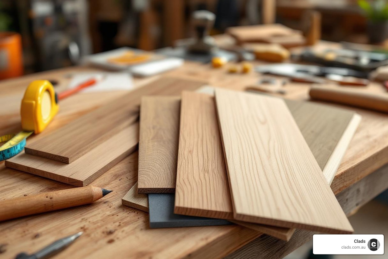 various timber cladding samples, tools, and a tape measure laid out on a workbench - how to fit internal timber cladding various timber cladding samples, tools, and a tape measure laid out on a workbench - how to fit internal timber cladding